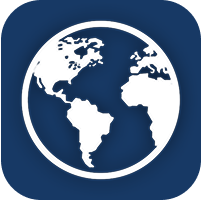 Booking Protect logo mark. Navy background with a white outline of the earth.