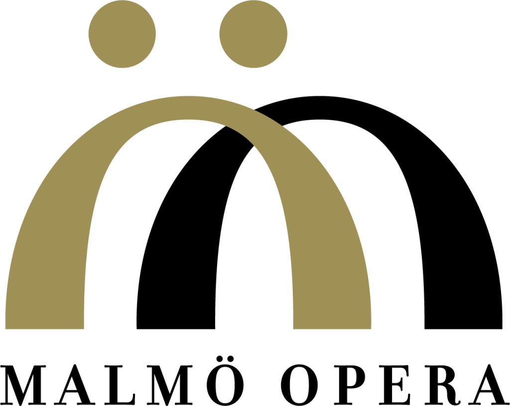 Malmo Opera Logo. A gold arch overlapping a black arch, with two dots above them. The words 'Malmo Opera' sit underneath.