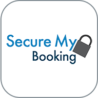 Secure My Booking logo mark. The words 'Secure My Booking' with a padlock to the left, all on a white background.