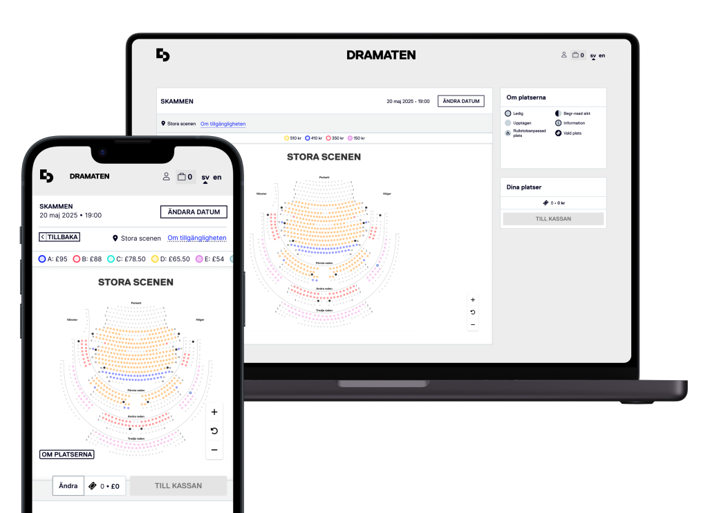 A mobile and laptop device lock up, both showing Viadukt's Select Your Own Seat Seat feature on the Dramaten website.