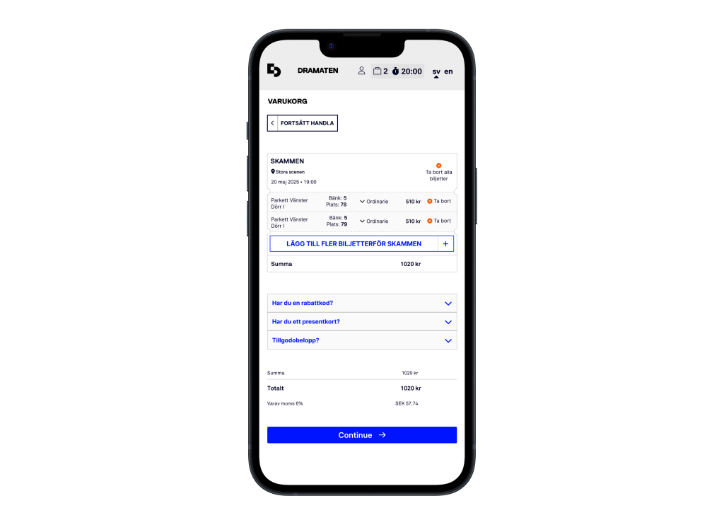 Mobile device showing the basket page on Dramaten's Viadukt.