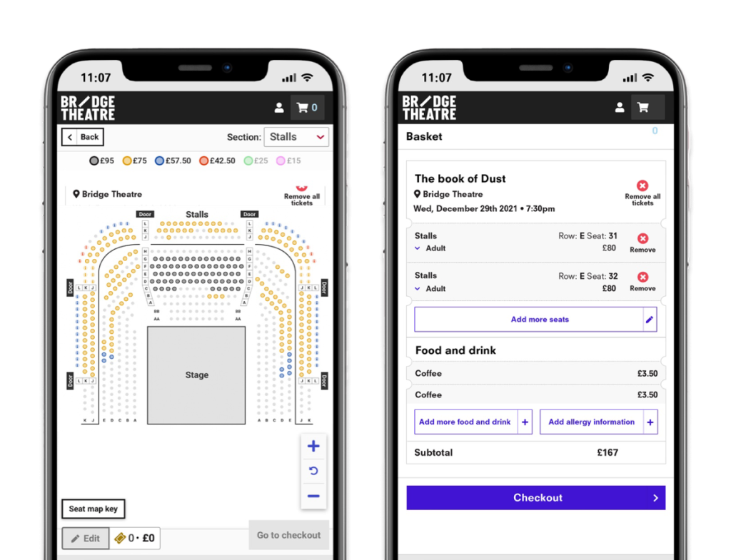 Two mobile device screens sat side by side. The screen on the left show's Viadukt's Select Your Own Seat feature on The Bridge's website. The screen on the right shows Viadukt's basket interface - displaying ticket selections and food and drink upsells - on The Bridge's website.