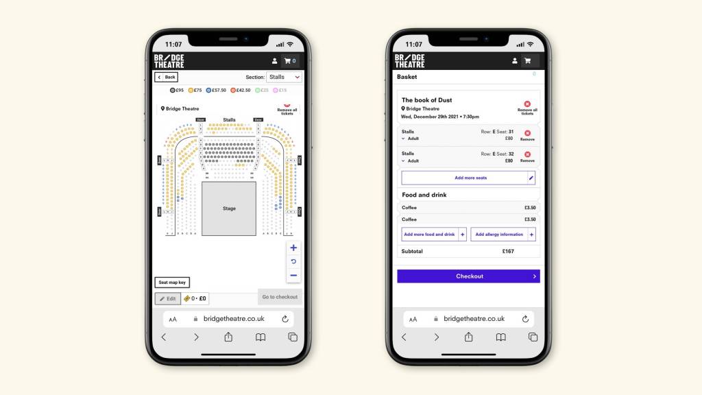 two side by side mobile device screens with a seat map from Viadukt displayed. On a pale yellow background.