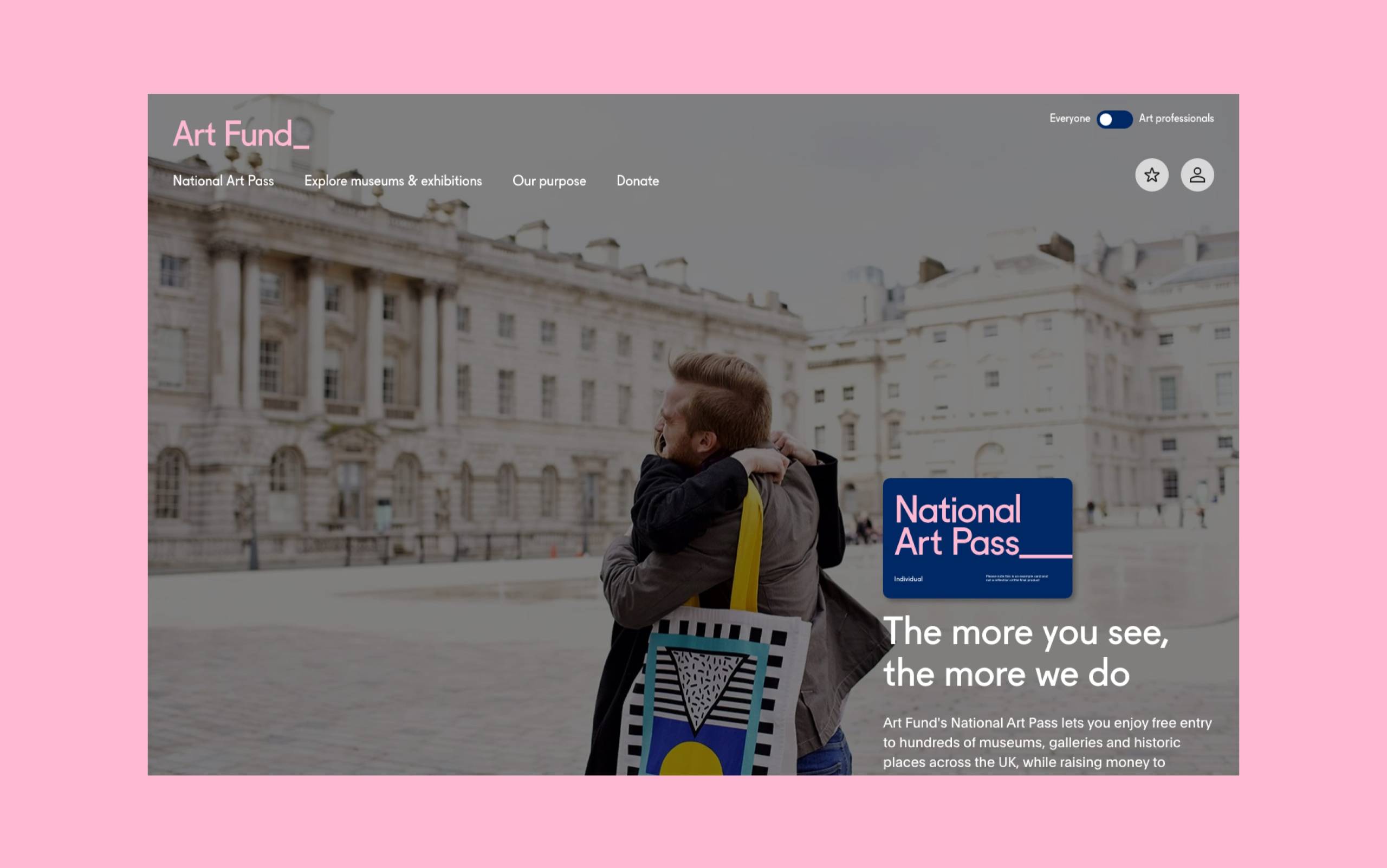 Art Fund homepage - showing two visitors hugging. The 'National Art Pass' visual is very prominent.