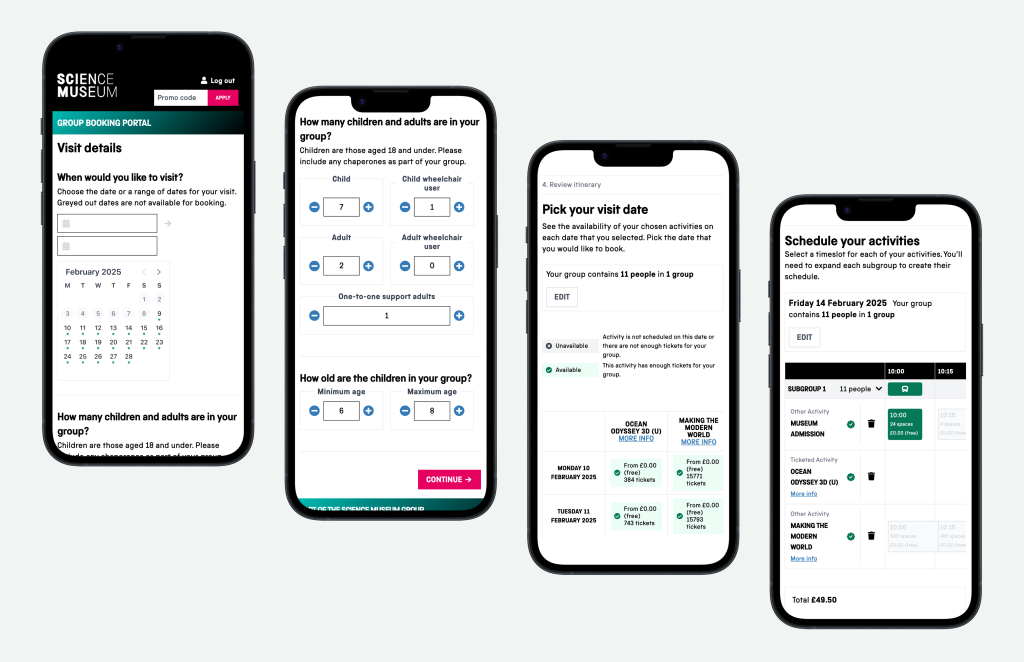 four mobile devices lined up side by side, showing different stages of the education booking journey - date selection, number of children and adults in the group, available slots and the activity scheduling tool.