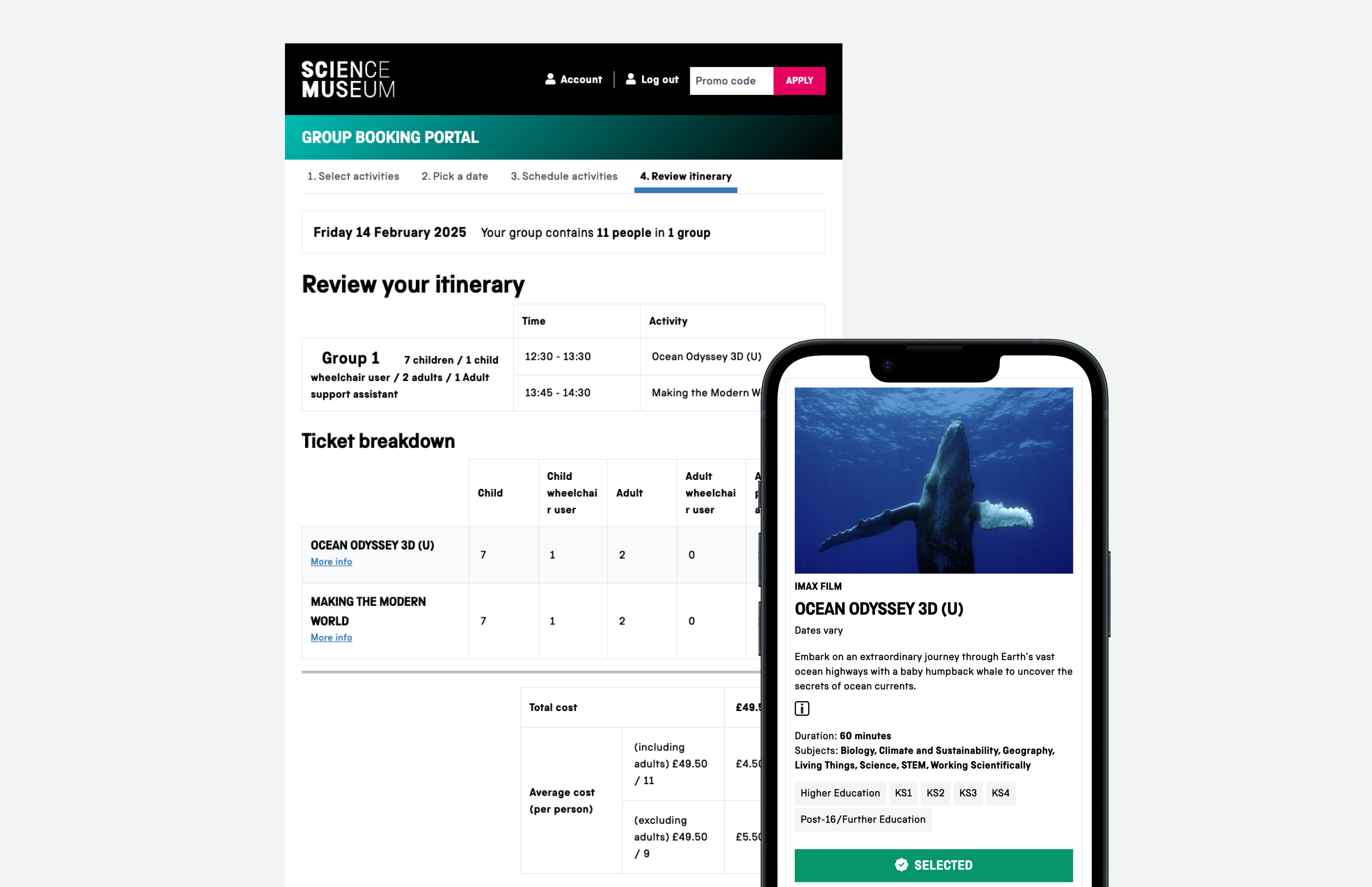 Screen showing the itinerary planning on the Group Booking Portal. A mobile device overlays this image to show an example of a selected group activity - Ocean Odyssey 3D (U).