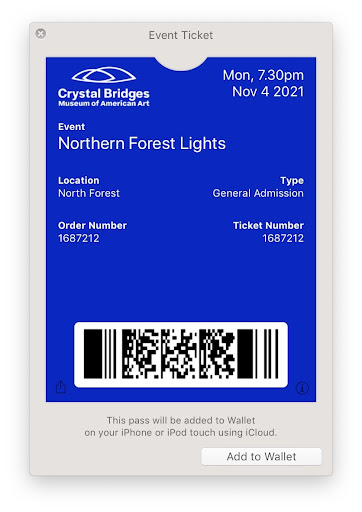 Example of a digital pass to an event at Crystal Bridges.