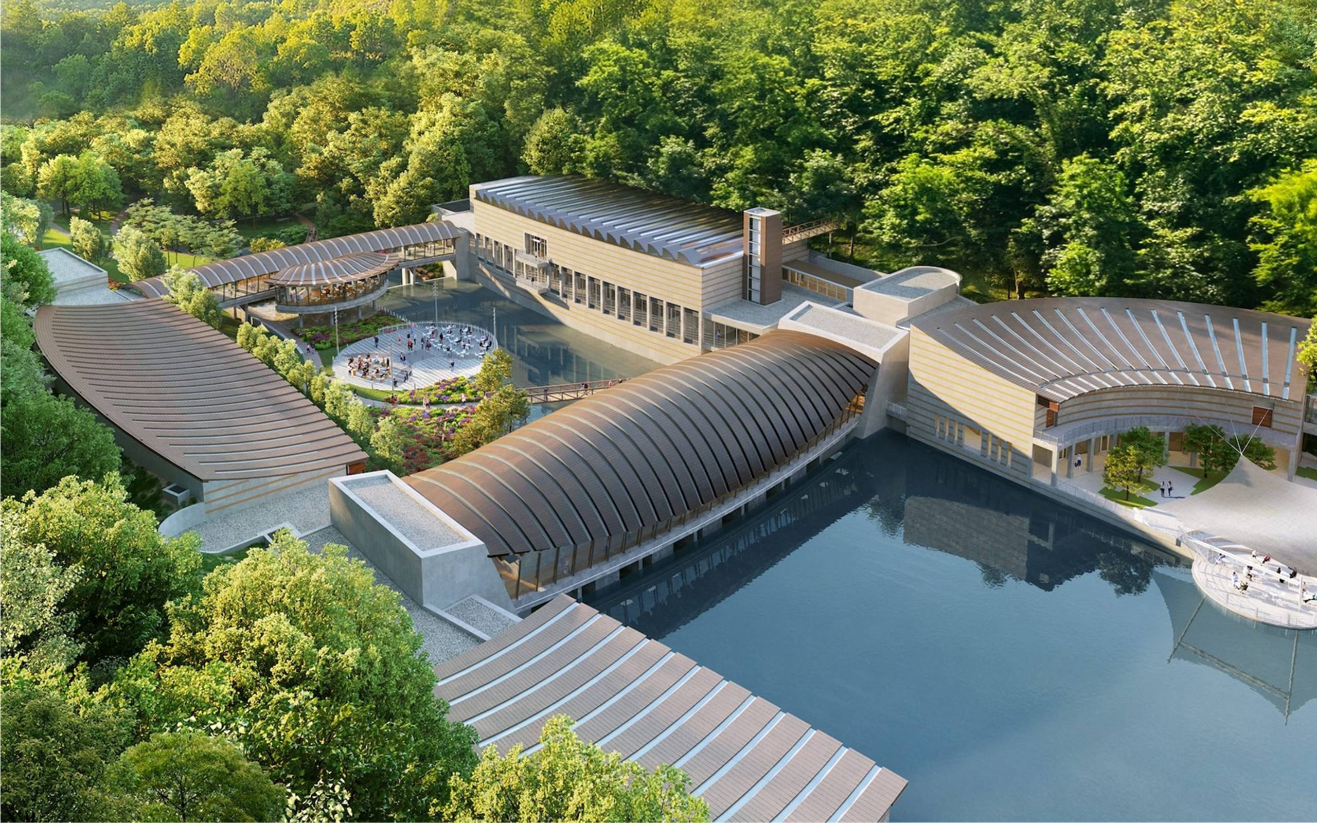 Birdseye View photograph of the Crystal Bridges grounds. 