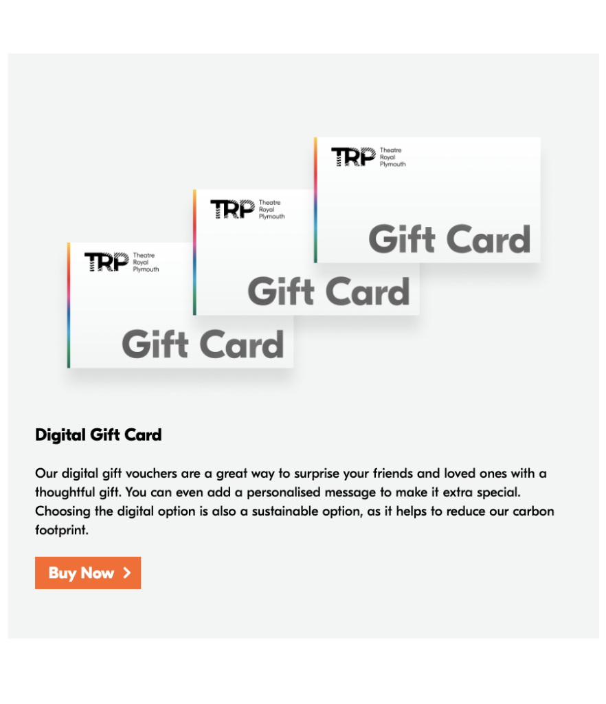 The digital gift card modal on the TRP website - it shows 3 overlapping and matching images of the gift card.