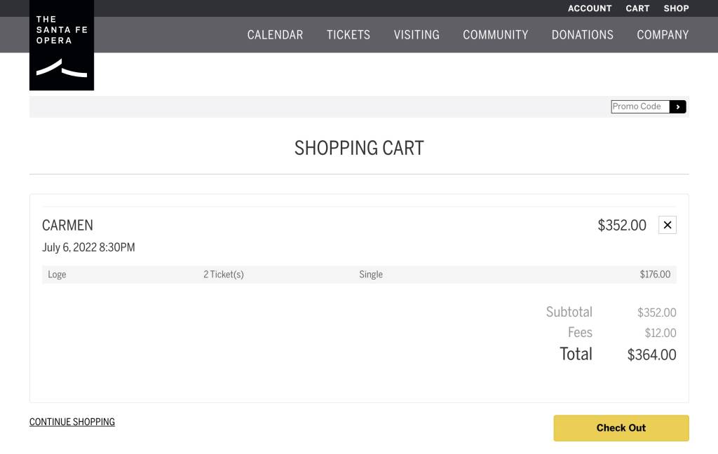 The Santa Fe Opera checkout screen, showing consistent branding with the homepage.