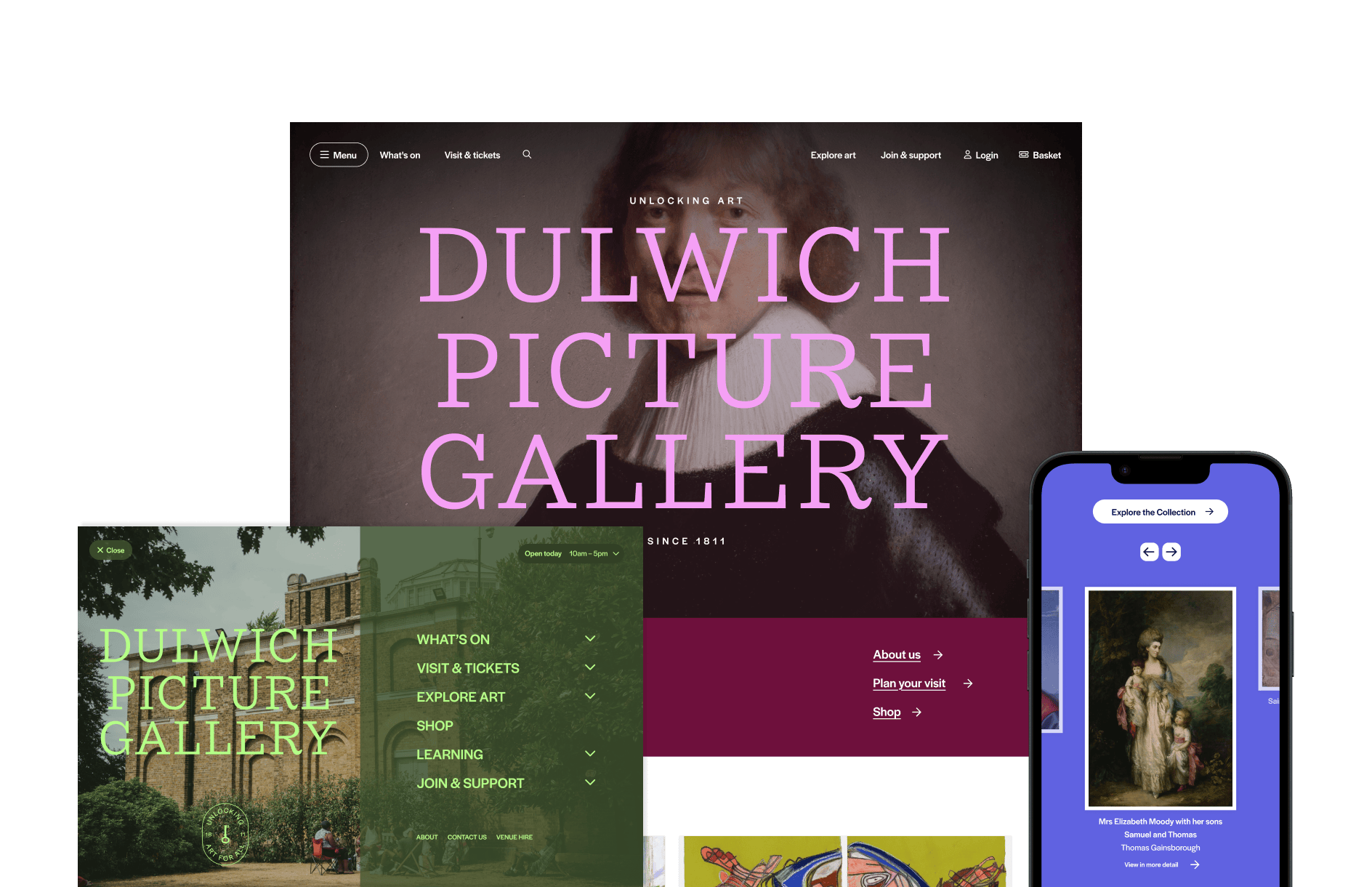 three different screen shots of the Dulwich Picture Gallery website. One is of the home page, the second is of the menu and the third is a screenshot on a phone